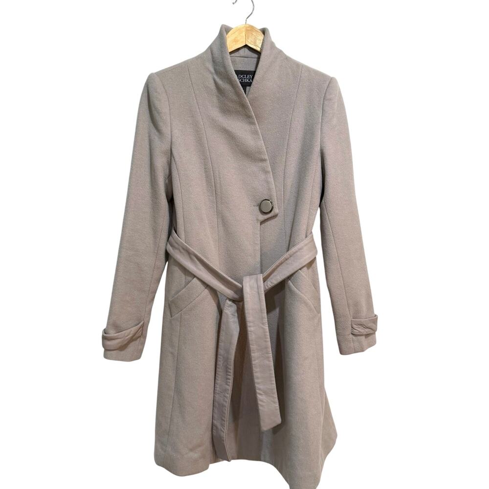 Badgley Mischka Wool Blend Wrap Coat Size M Leather Belt Cuffs Trench